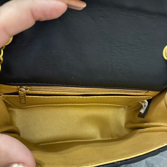 Fashion Elegant Black Quilted Pearl Crush Mini Crossbody with Gold Mono Accents - Picture 8 of 14